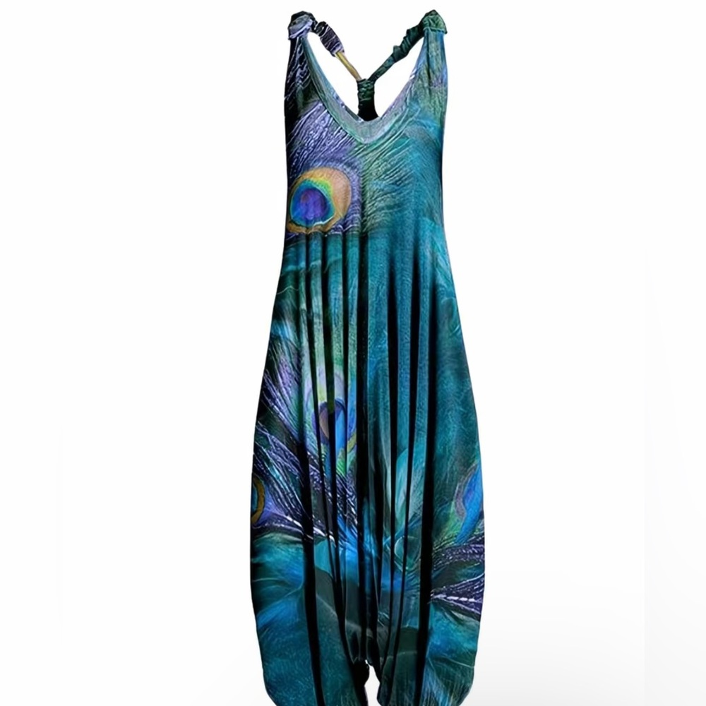 Women’s Harem Romper w/ Peacock print, XL